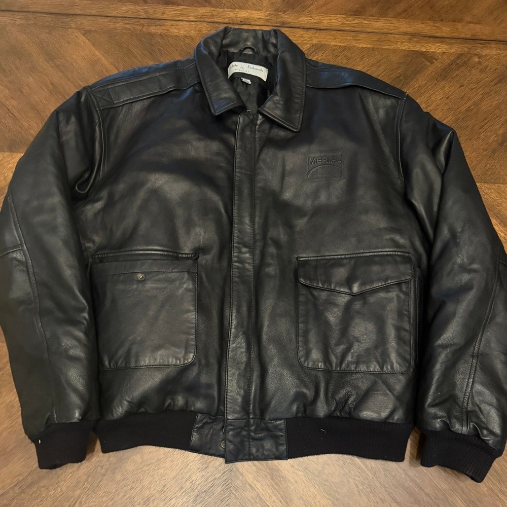 Merial Genuine Leather Bomber Jacket Mens XXL Black Full Zip Flight Coat